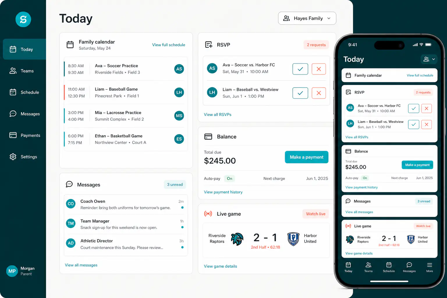 Family Hub registration and payment action queue