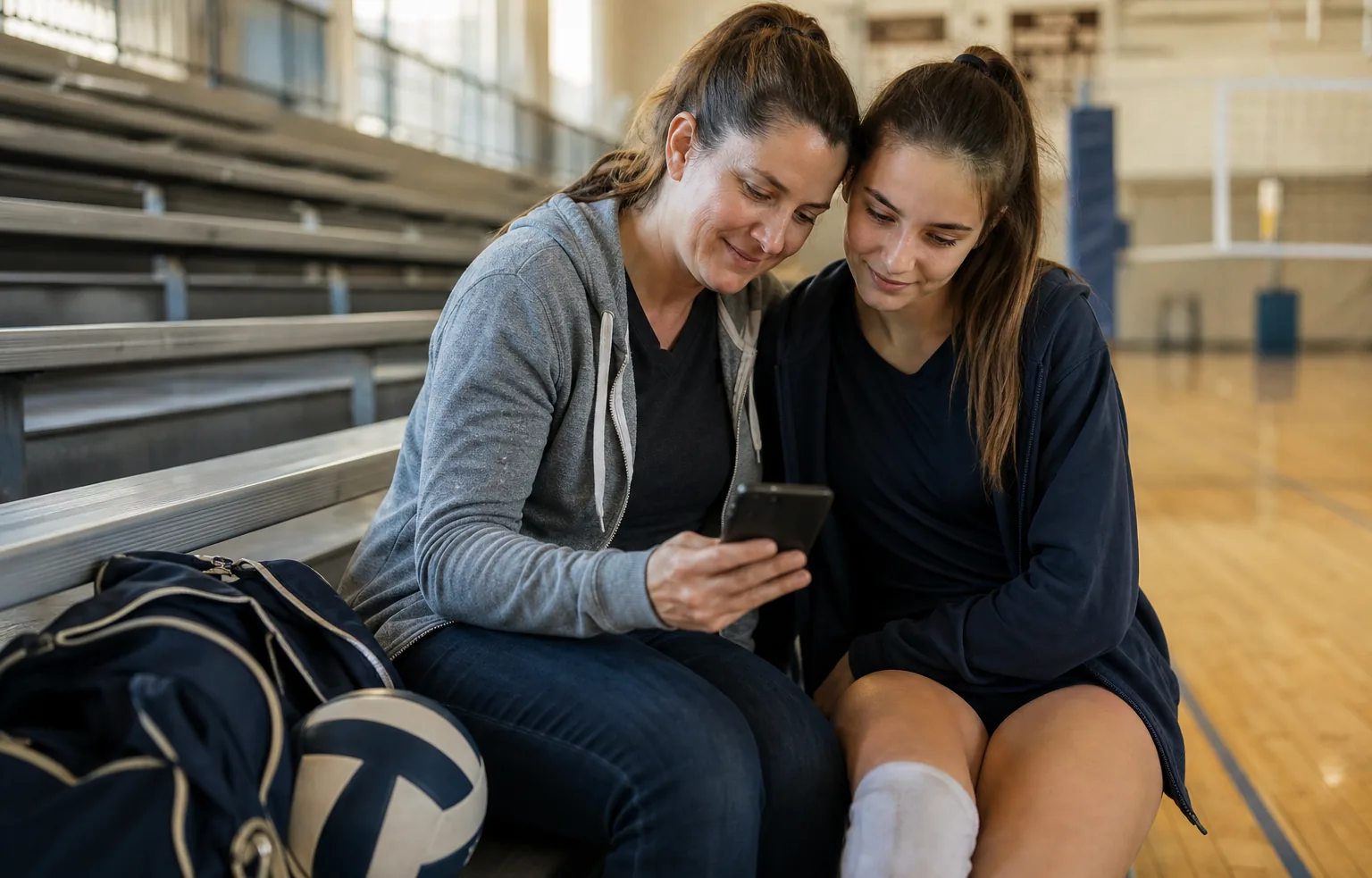 A parent and teenage volleyball player sit together on gym bleachers and look at one phone after a game.